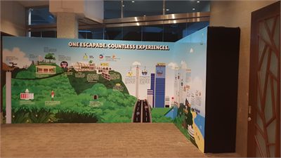 Illustrated printed backdrop panels forming an exhibition stand